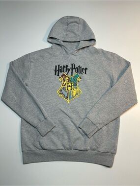 Harry Potter Grey Hogwarts Crest Pullover Hoodie Wizarding World Spellout